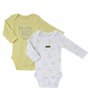 LOT DE 2 BODIES BEBE JAUNE/IMPRIME Sucre Orge